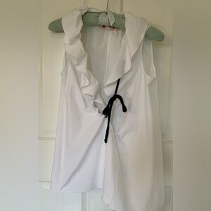 Marni sleeveless white cotton blouse, sculptural gathers, black drawstring.